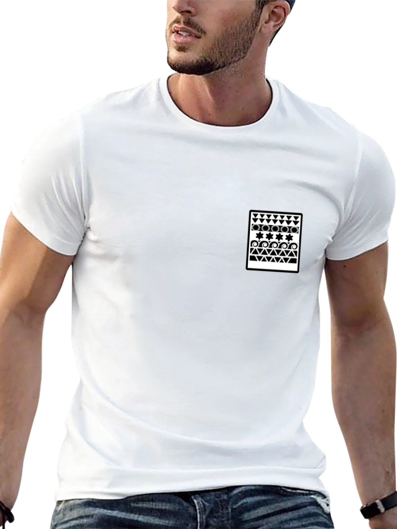 Black T-Shirt with Geometric Print Pocket