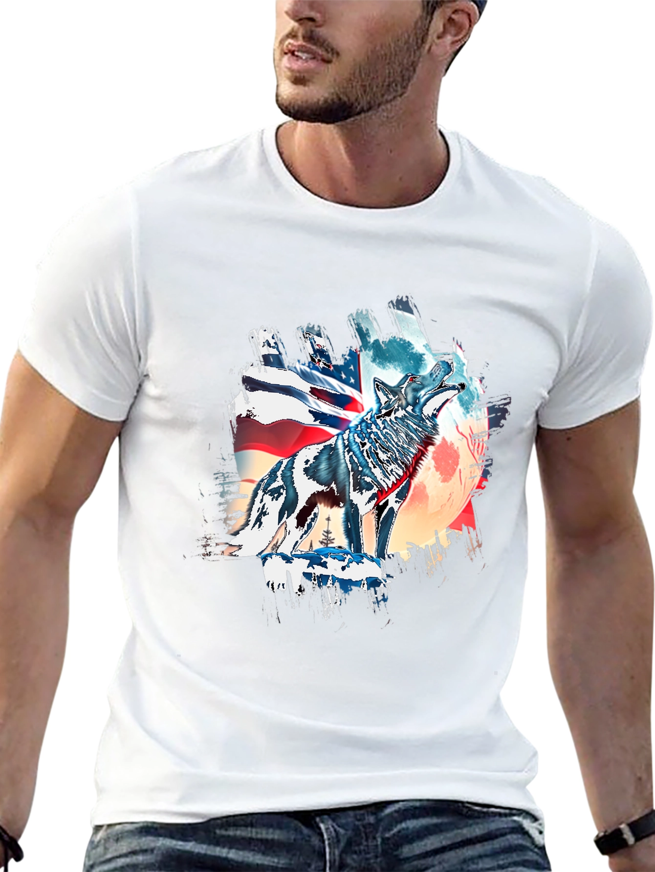 Wolf & American Flag Graphic Tee - Black