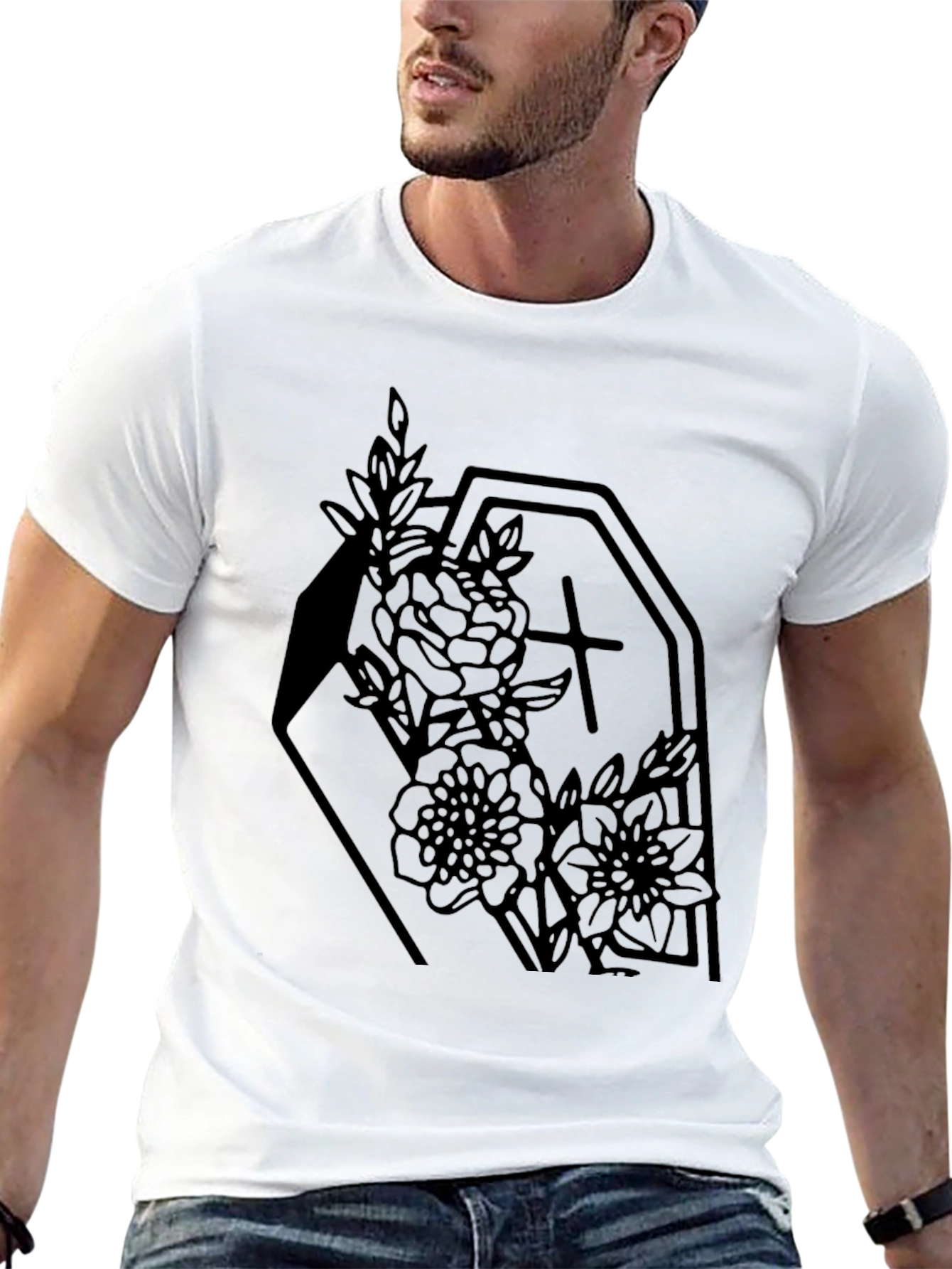 Gothic Floral Coffin Graphic Tee - Black