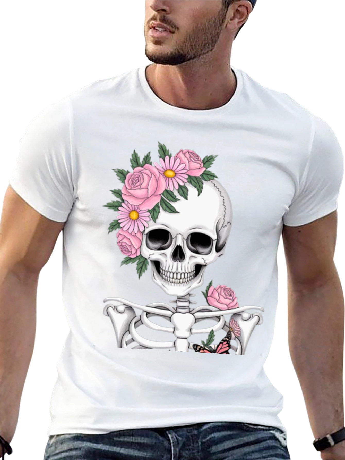 Floral Skull Graphic Print Black T-Shirt