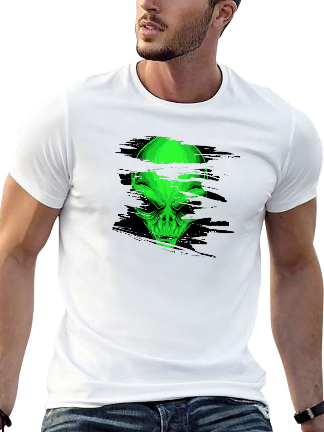 Alien Head Graphic Tee - Black Cotton T-Shirt