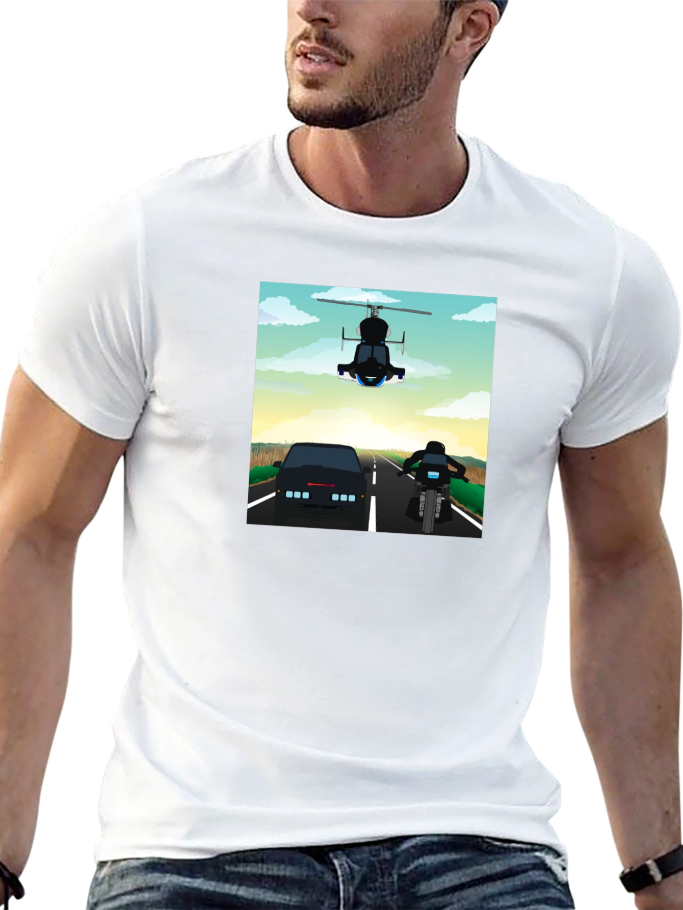 Retro Cartoon Car Chase Black T-Shirt
