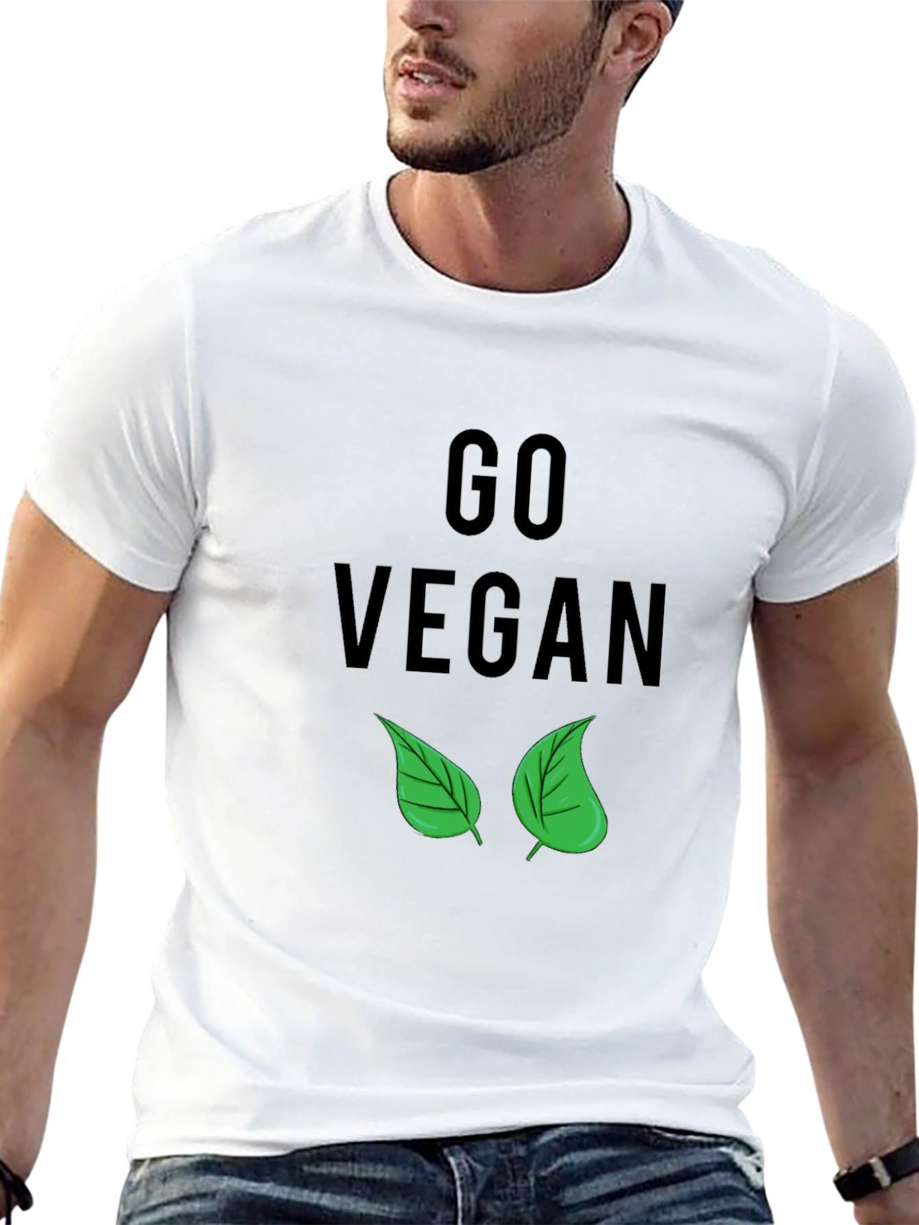 Go Vegan T-Shirt - Black with Leaf Design