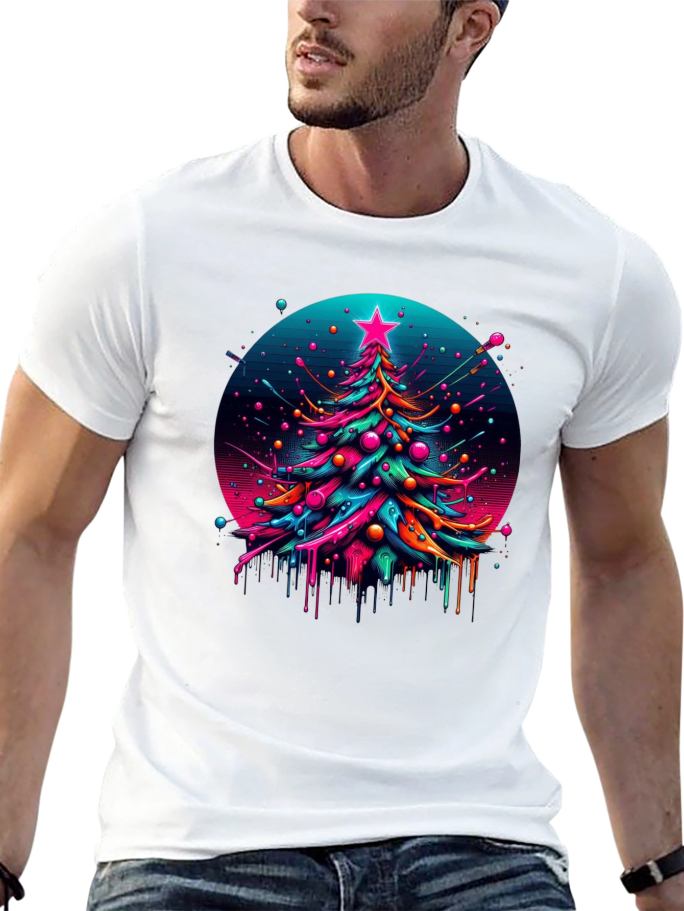 Neon Christmas Tree Graphic Black T-Shirt