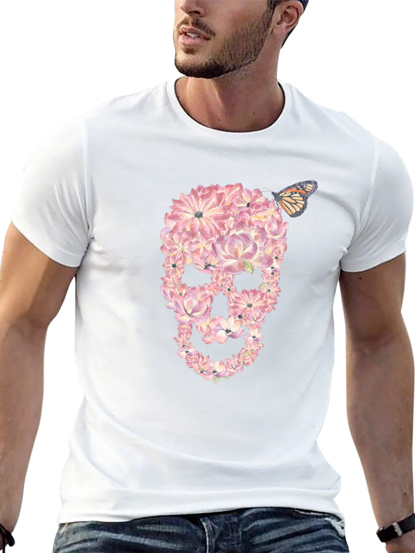 Floral Skull T-Shirt with Butterfly Graphic