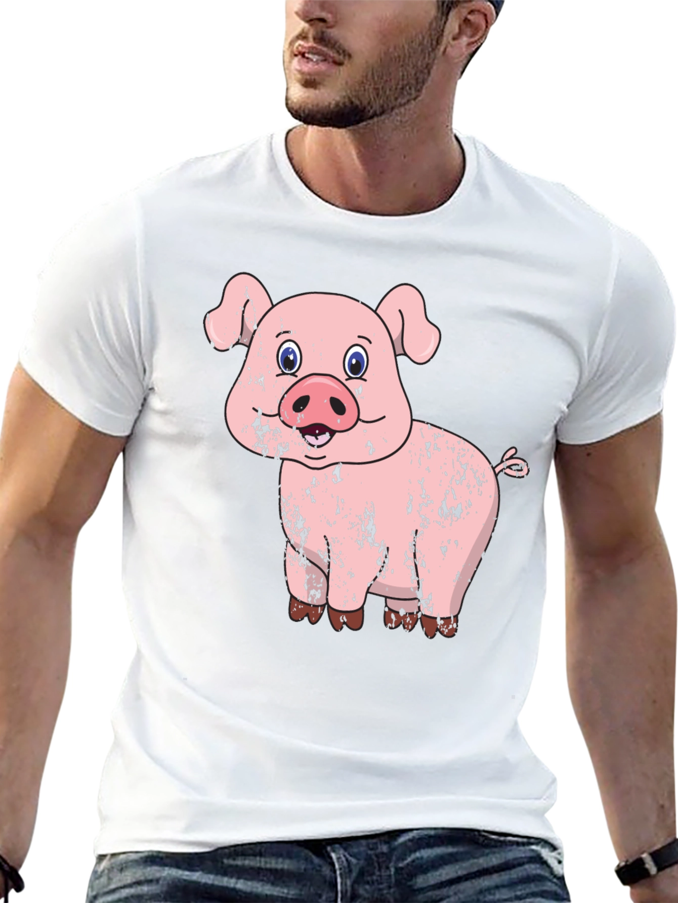 Pig Graphic Tee - Distressed Cartoon Pig Design