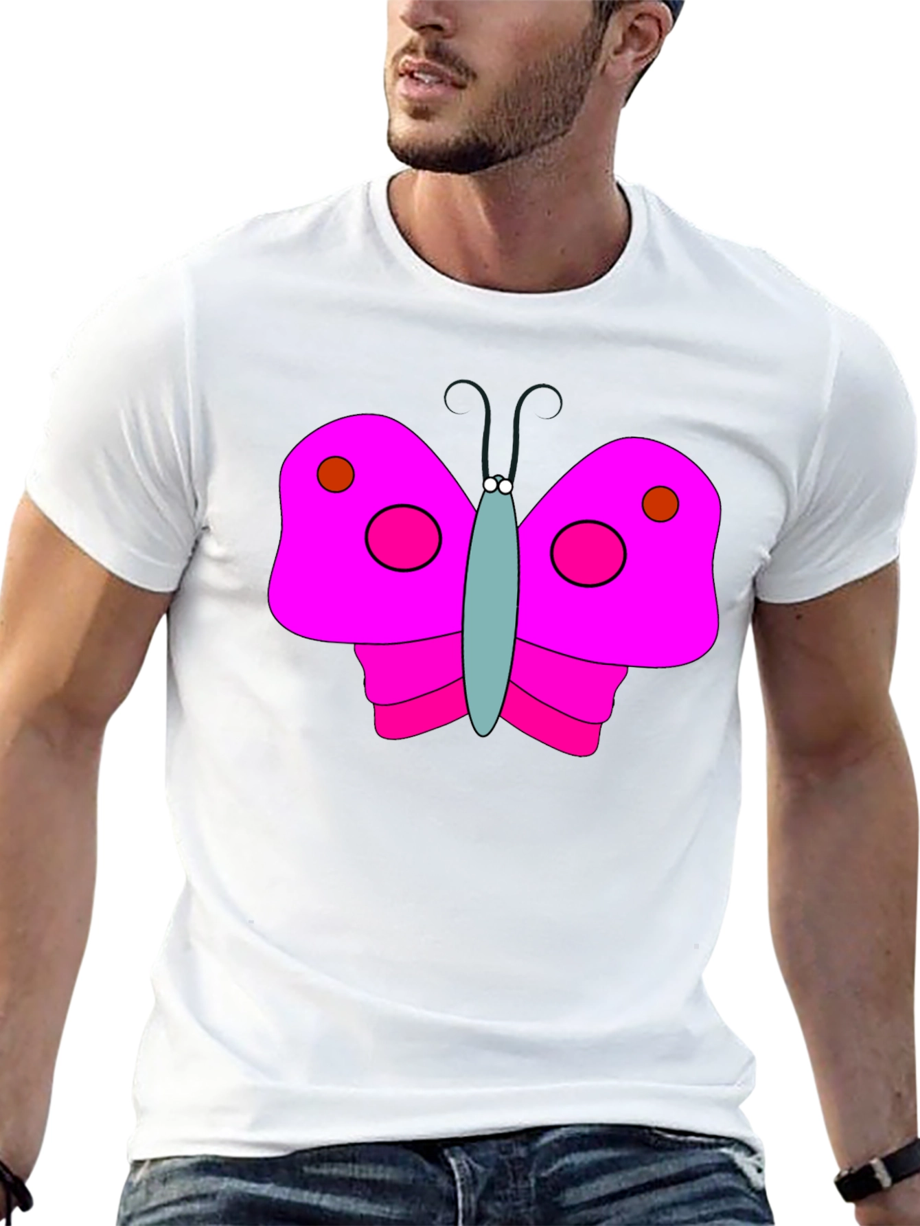 Pink Butterfly Graphic Black T-Shirt