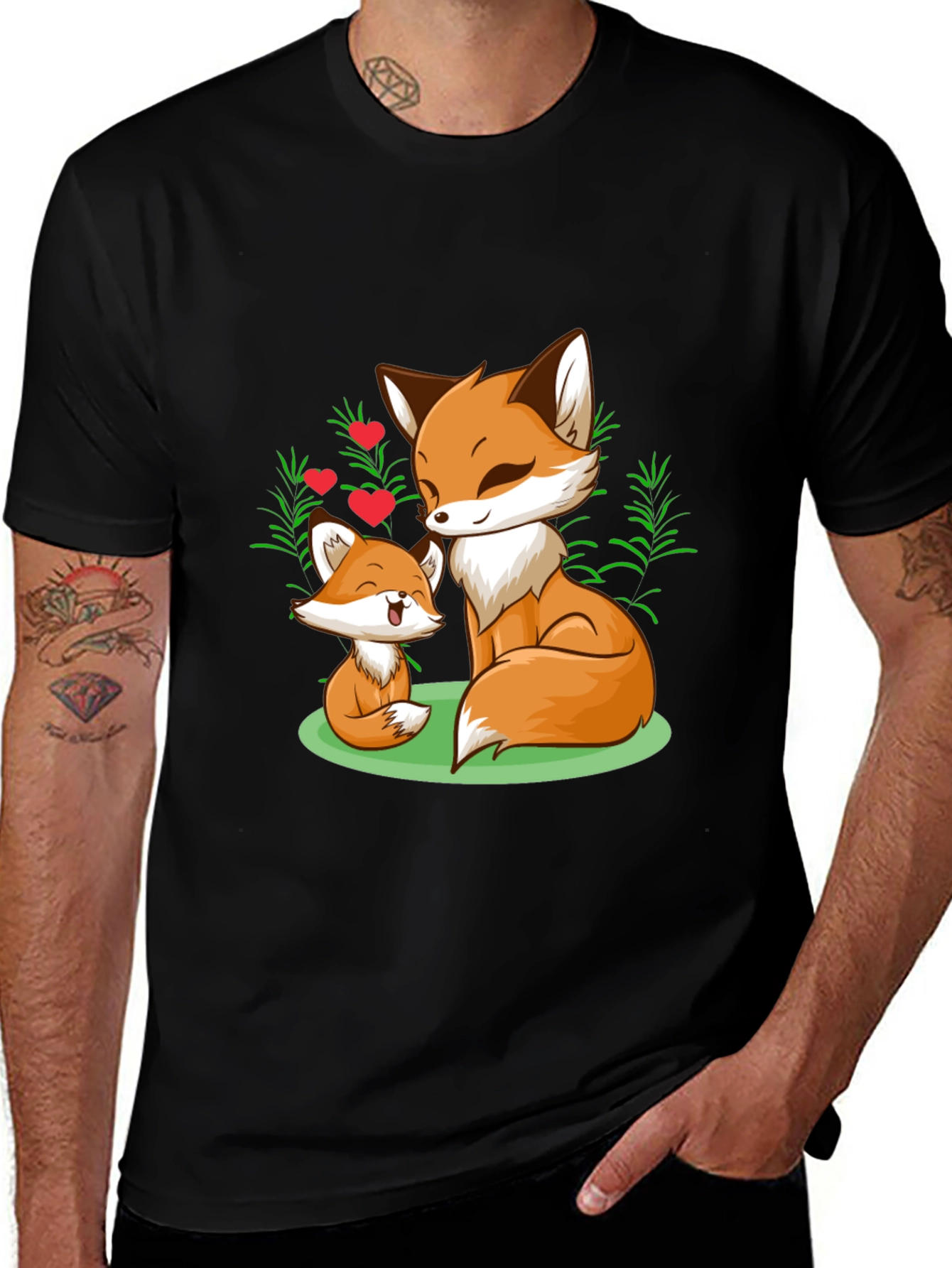 Fox Mom & Cub Graphic T-Shirt - Black