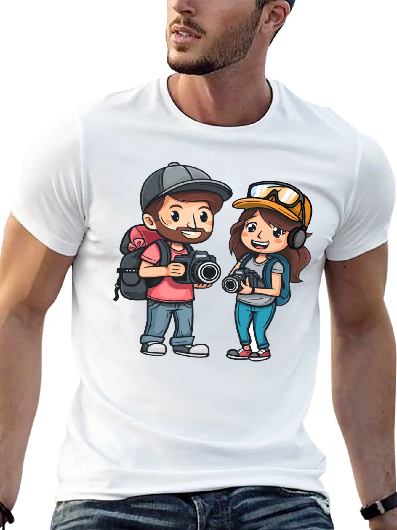 Cartoon Photographer Couple Graphic T-Shirt