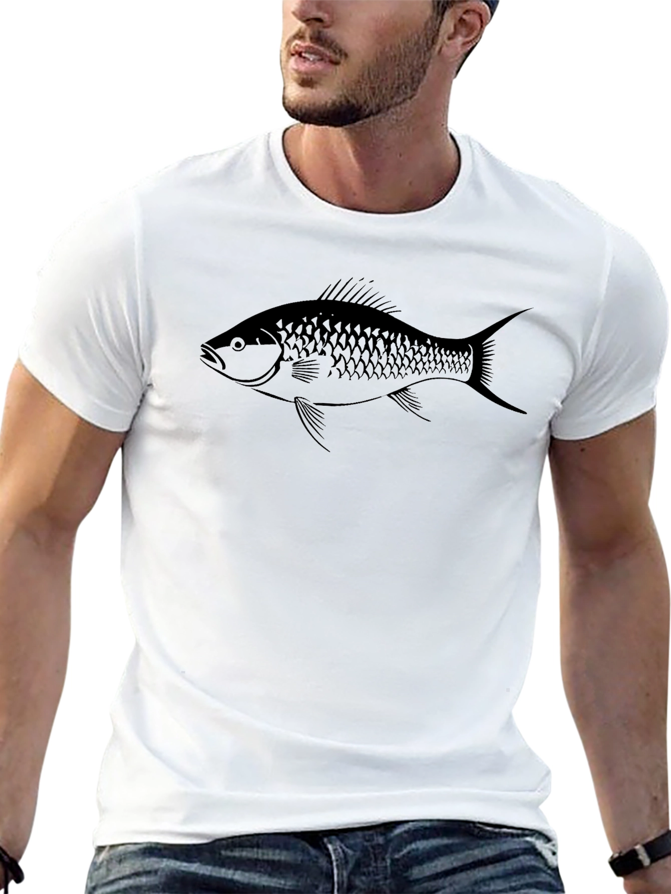 Mens Black T-Shirt with Fish Graphic Tee