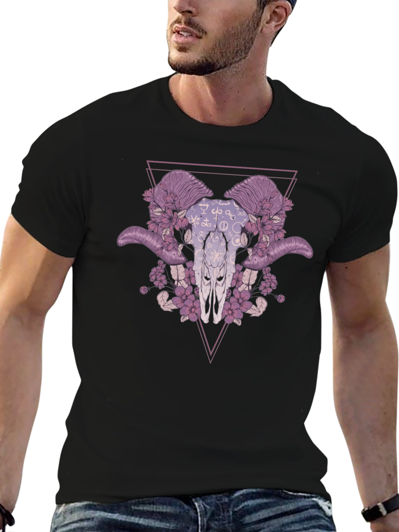Floral Ram Skull Graphic Tee - Edgy Style