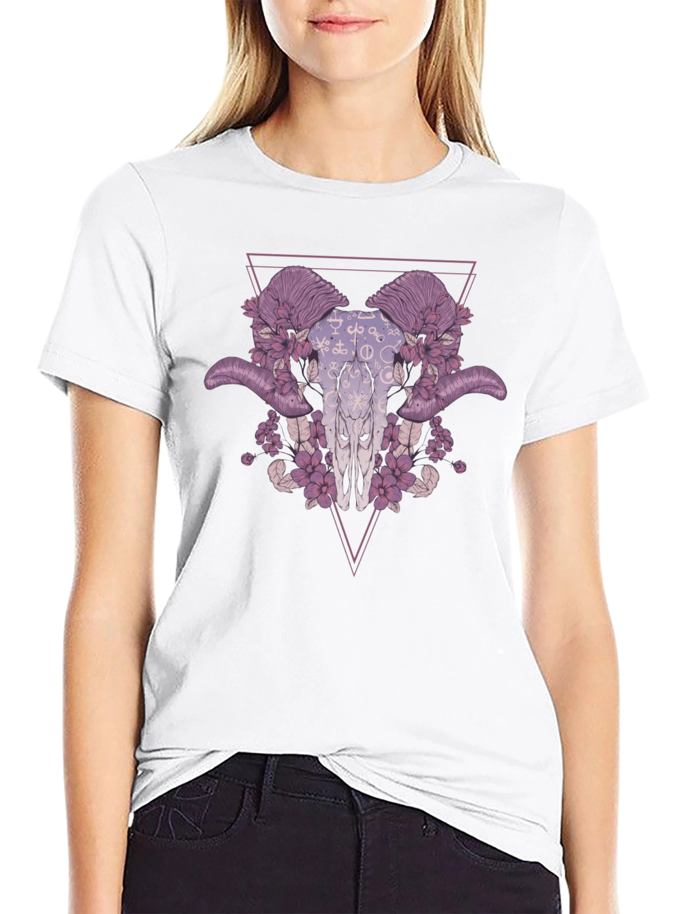 Floral Ram Skull Graphic Tee - Edgy Style
