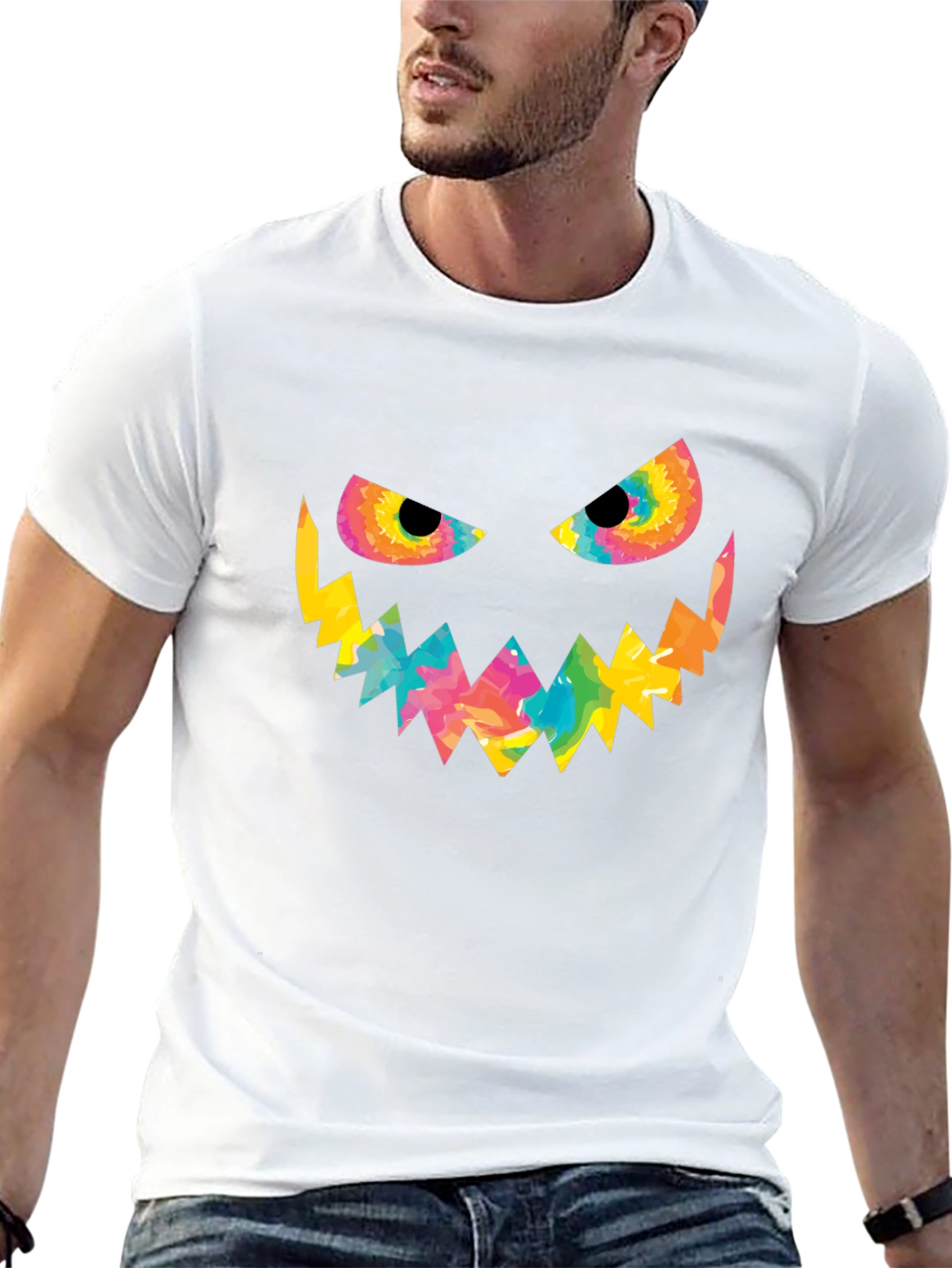 Halloween Tie Dye Pumpkin Face Black T-Shirt