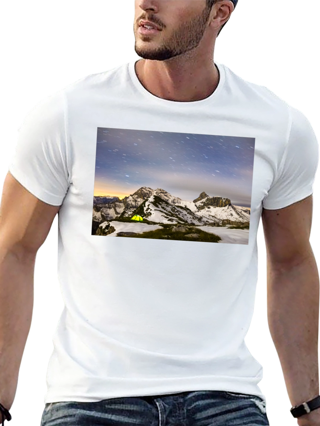 Mountain Starry Night Camping Black T-Shirt