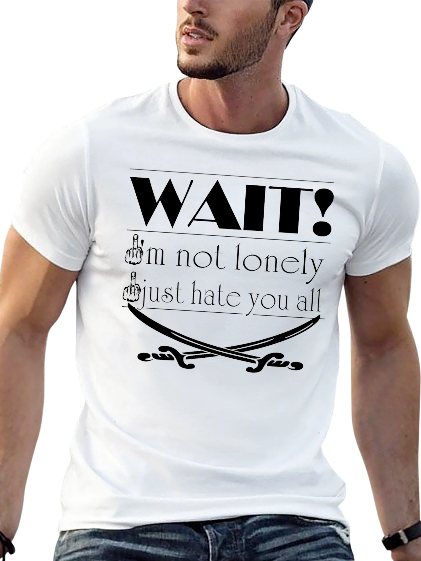 Edgy Graphic T-Shirt: Wait! Slogan with Swords