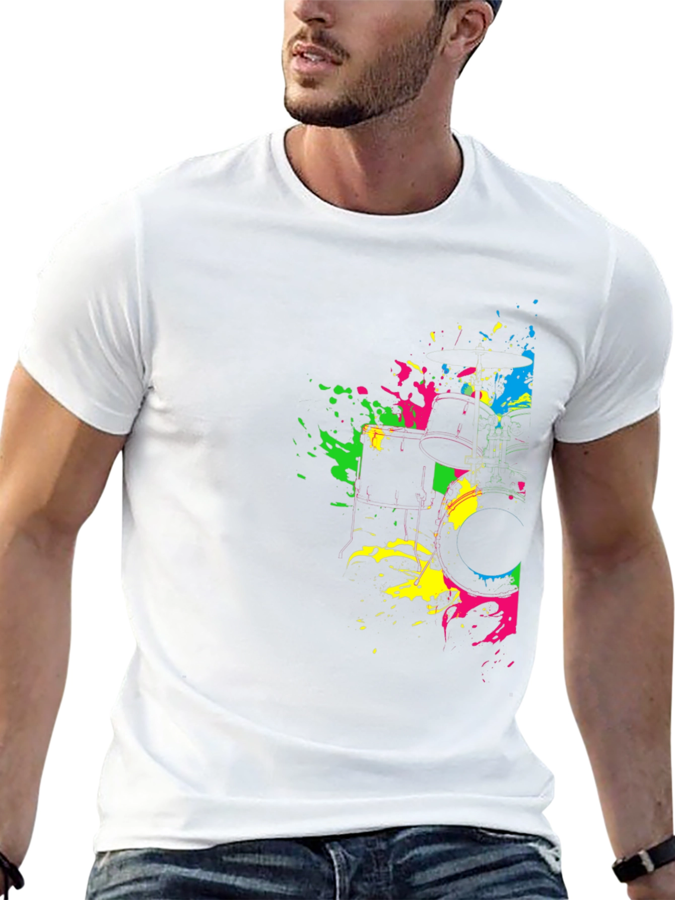 Neon Splatter Drum Kit Graphic Black T-Shirt