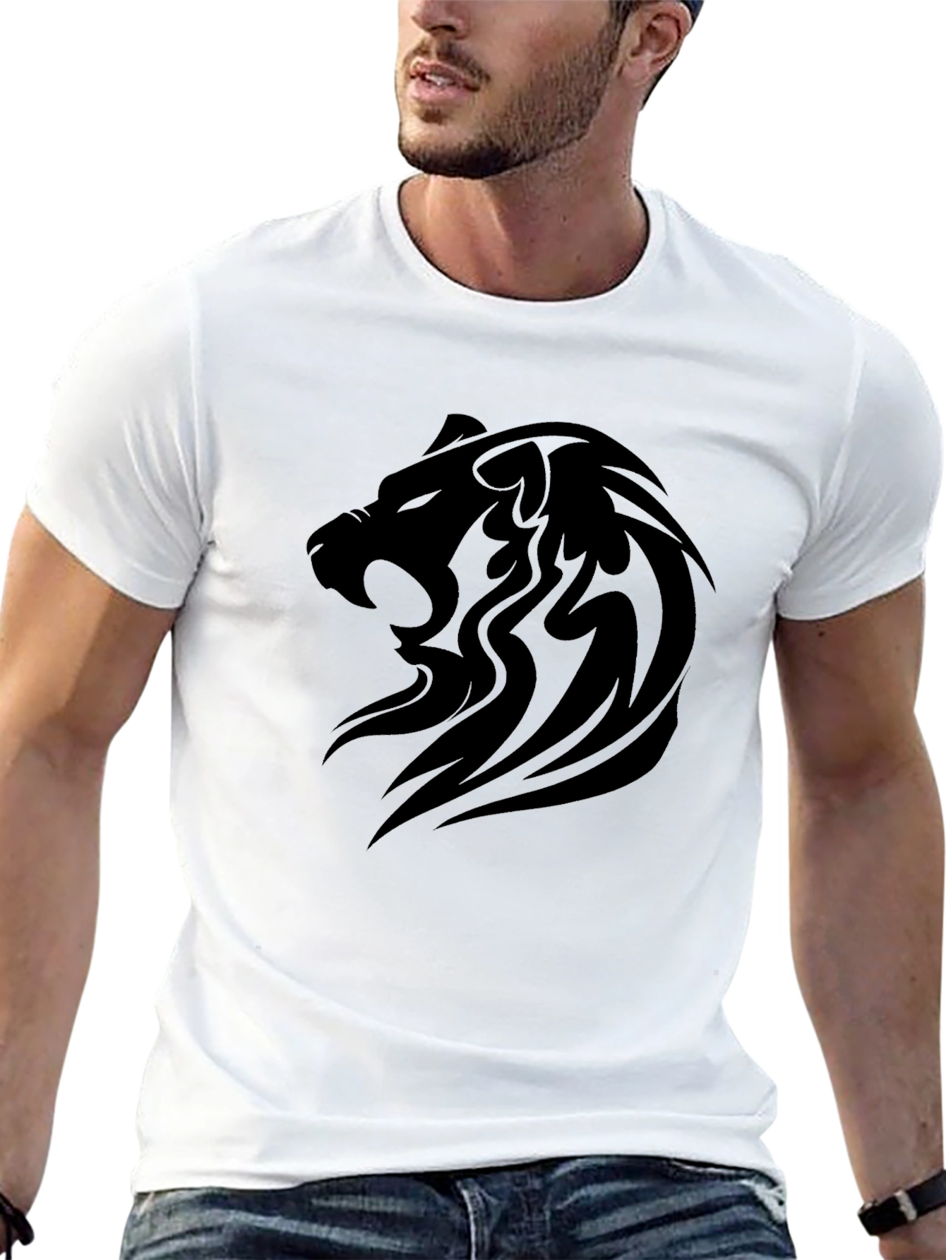 Mens Black Lion Graphic Tee - Bold Tribal Design