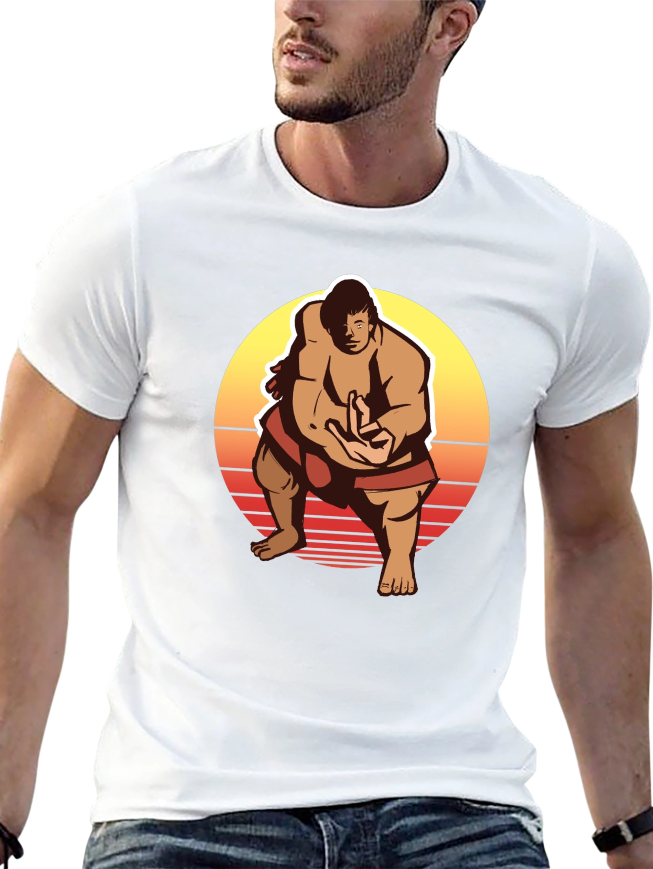 Retro Sumo Wrestler Graphic Tee - Black T-Shirt