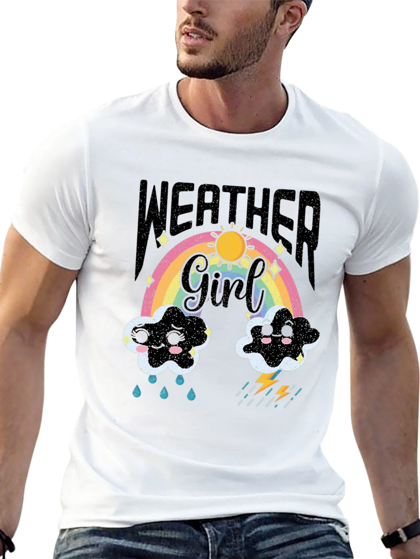 Weather Girl T-Shirt: Rainbow Sun Clouds and Lightning!