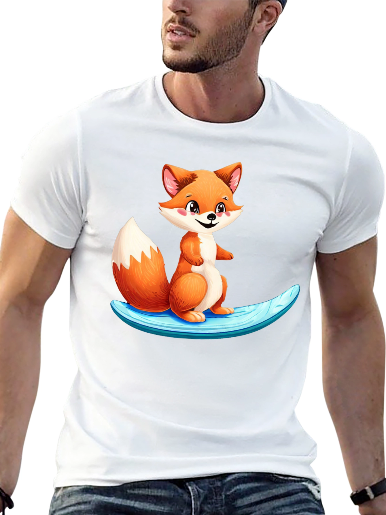 Cute Fox Surfing Black T-Shirt