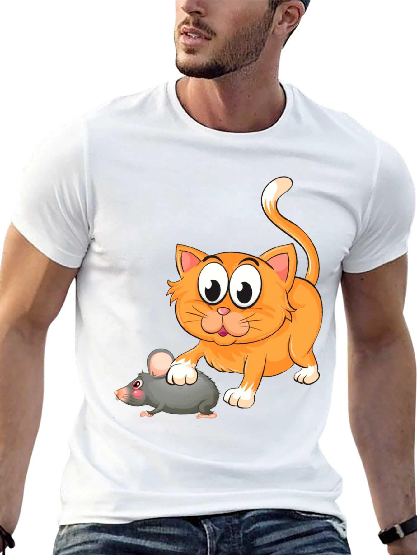 Cartoon Cat and Mouse Graphic T-Shirt - Black