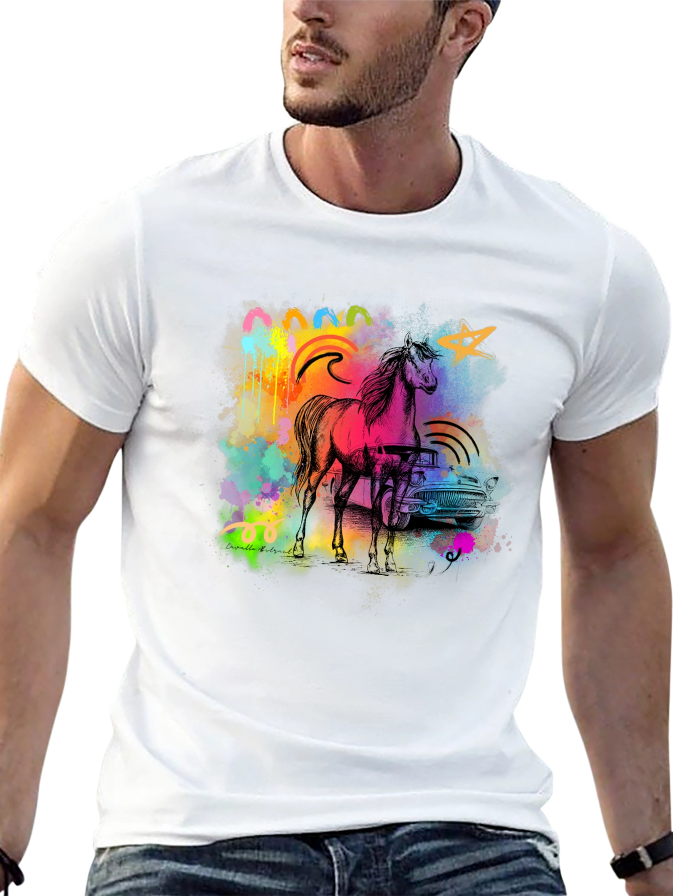 Vibrant Horse & Car Graphic Print Black T-Shirt
