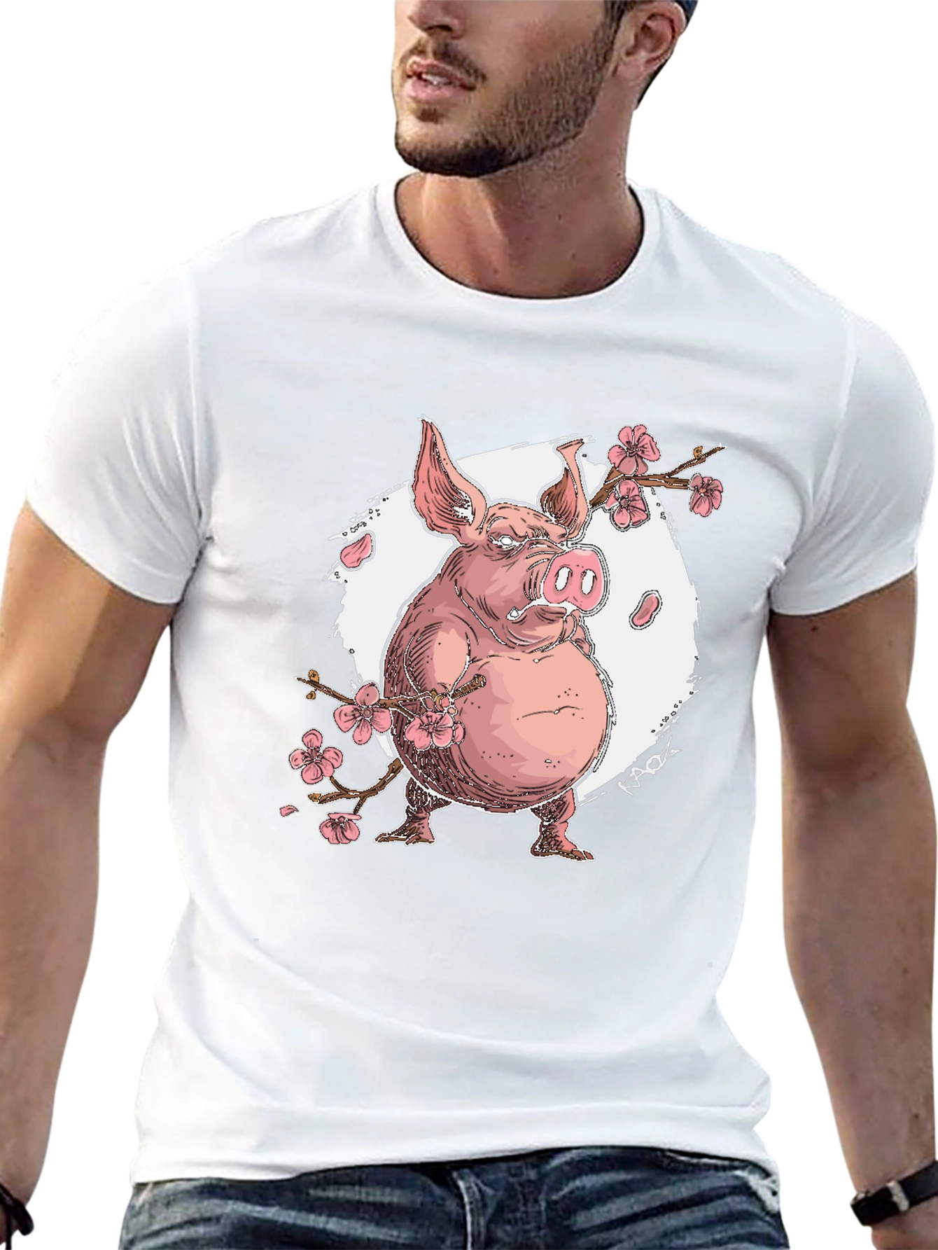 Pig with Cherry Blossoms Graphic T-Shirt