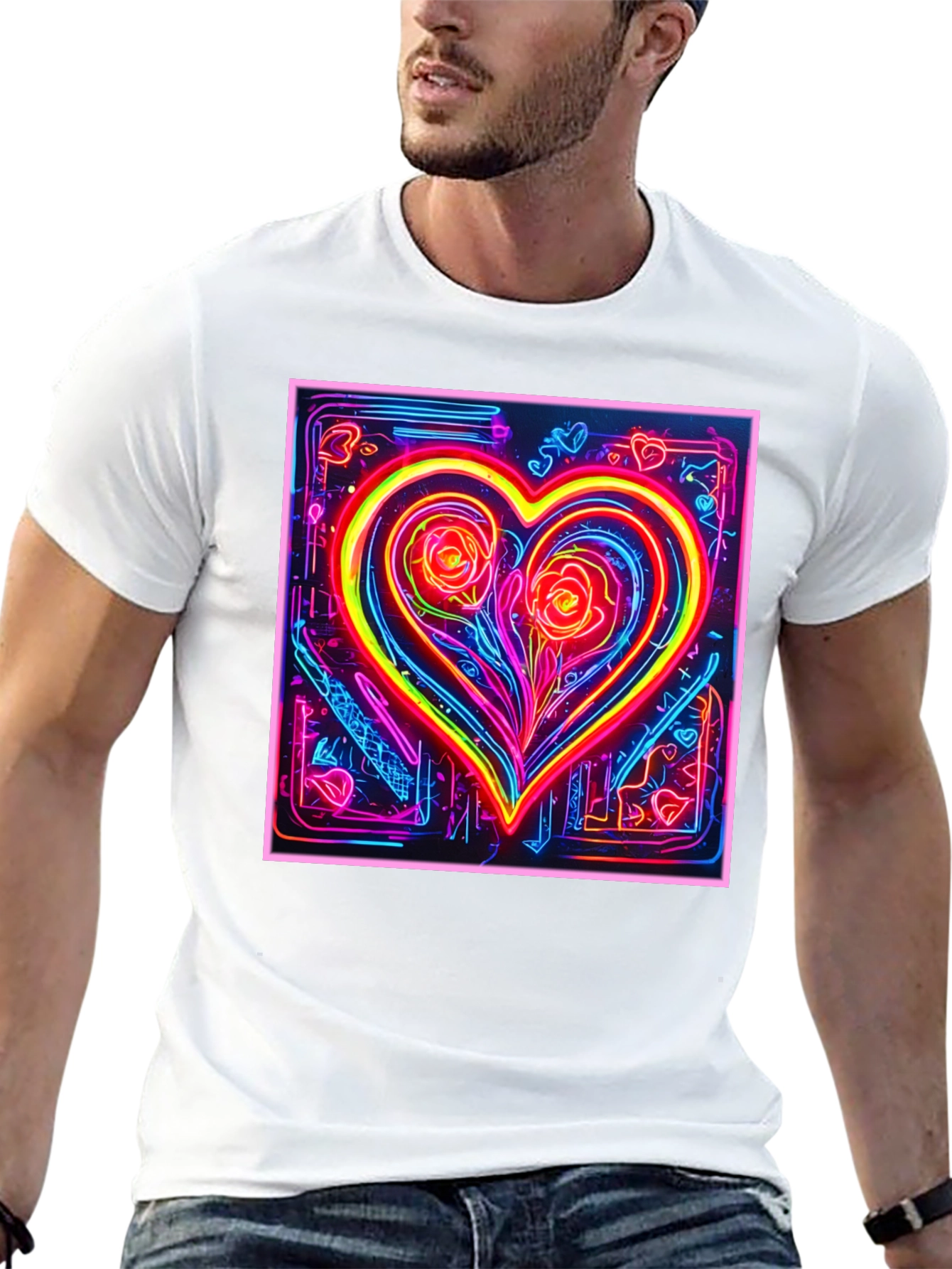 Neon Heart Rose Graphic T-Shirt
