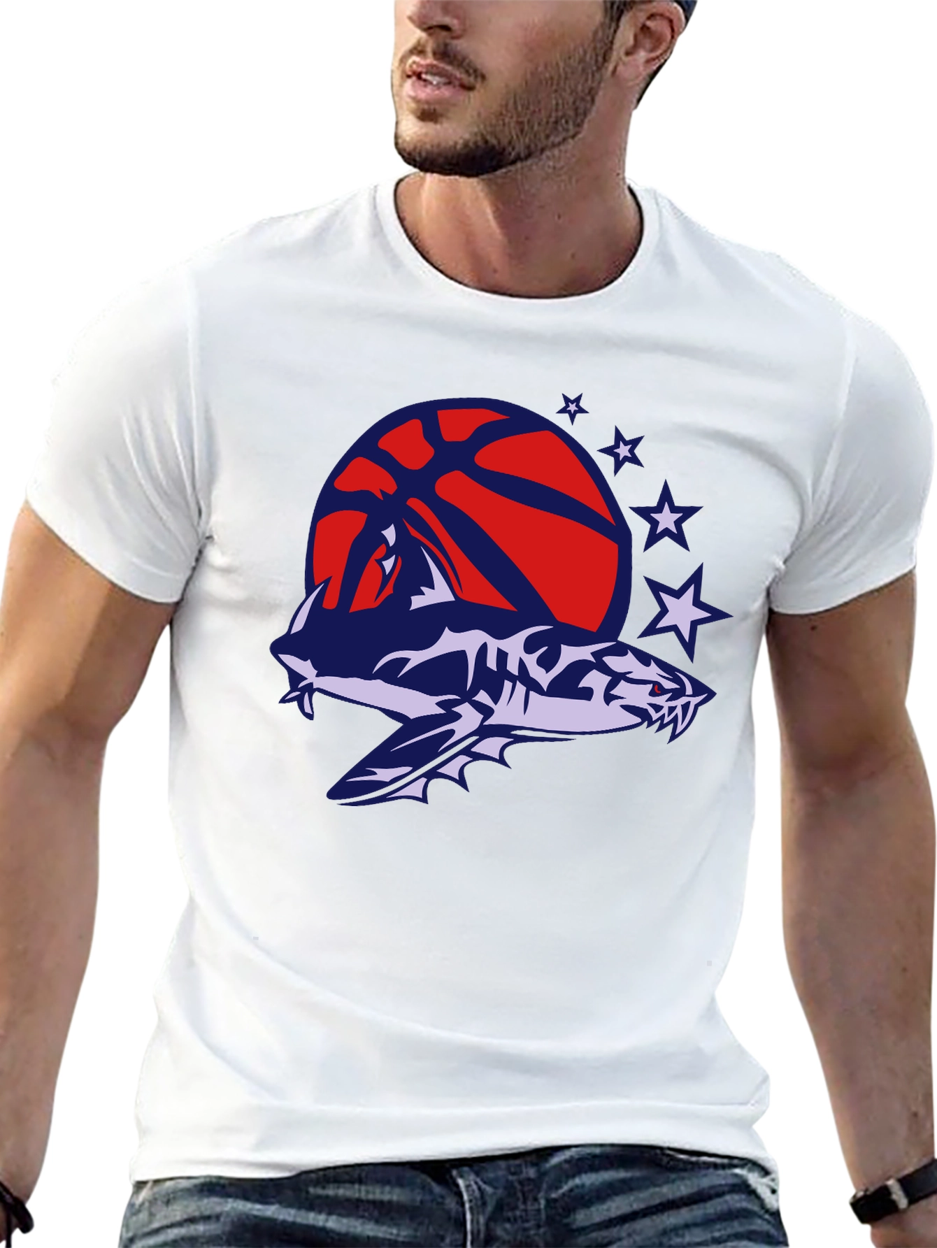 Mens Black T-Shirt with Shark Basketball Graphic