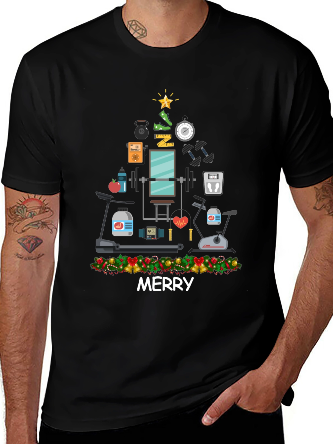 Merry Fitness Christmas Tree Graphic T-Shirt