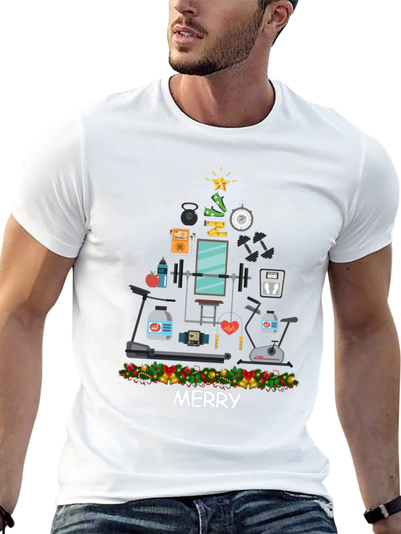 Merry Fitness Christmas Tree Graphic T-Shirt