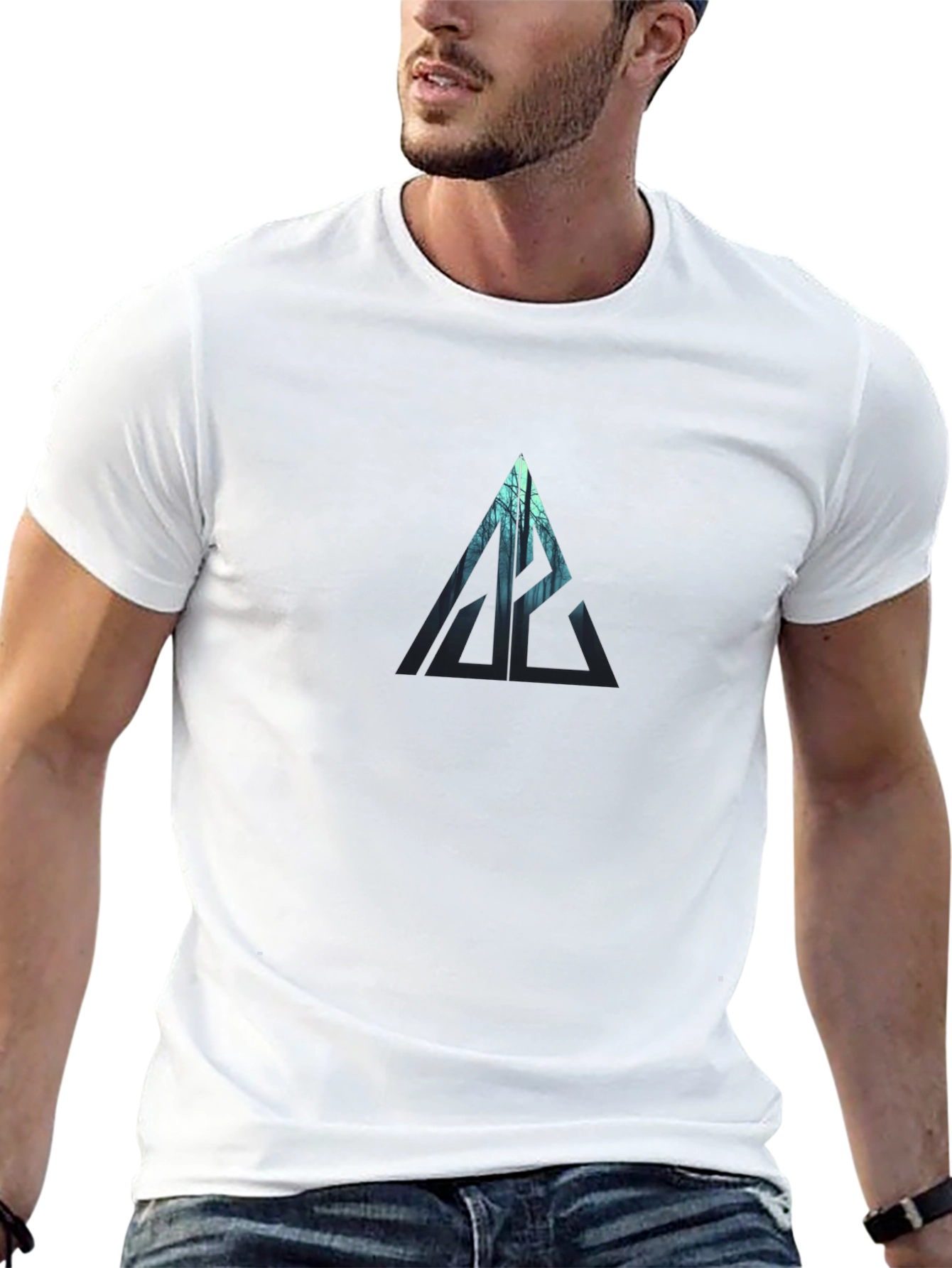 Mens Graphic Black T-Shirt: Forest Triangle Design