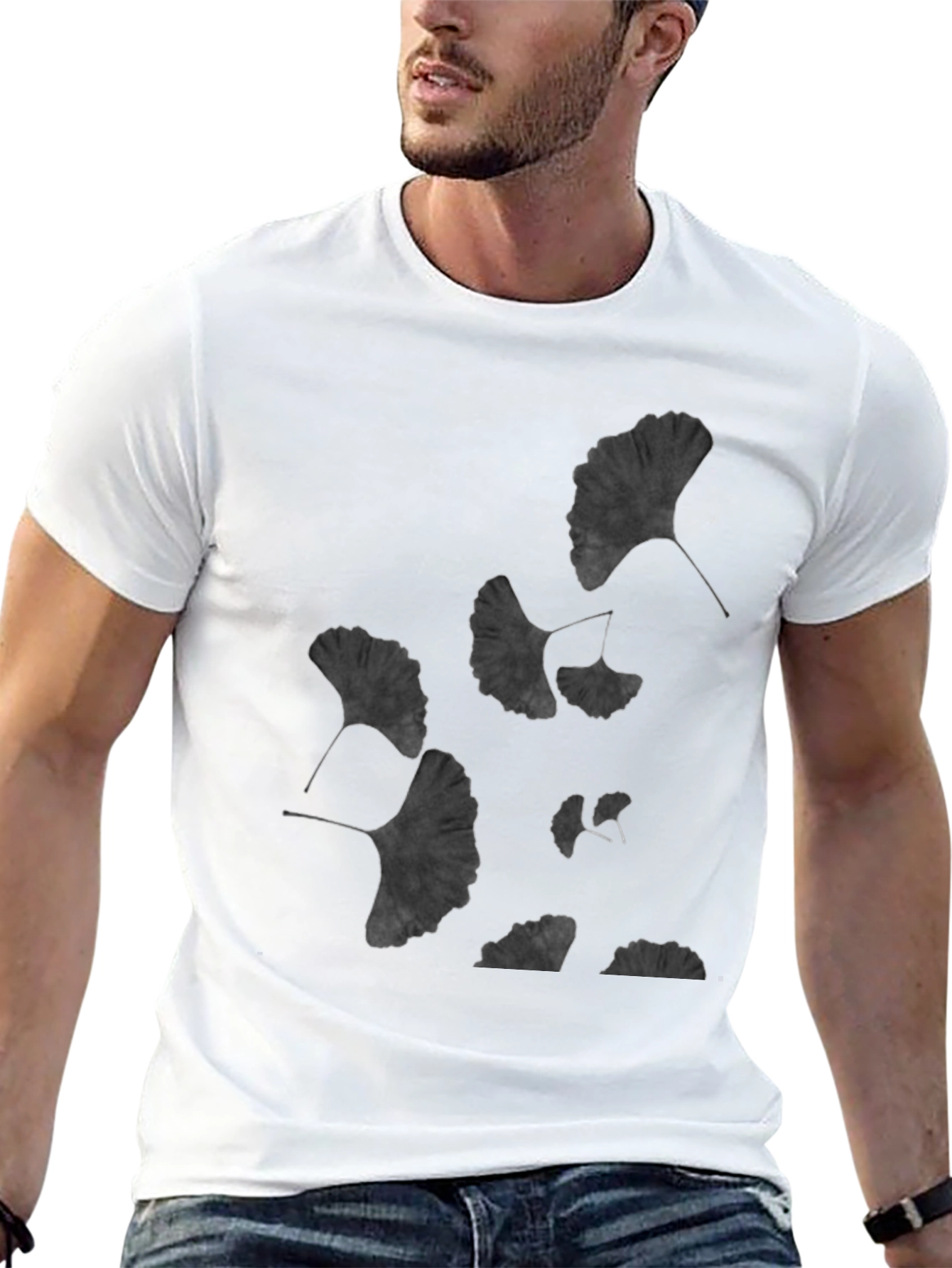 Ginkgo Leaf Print Black T-Shirt - Unisex