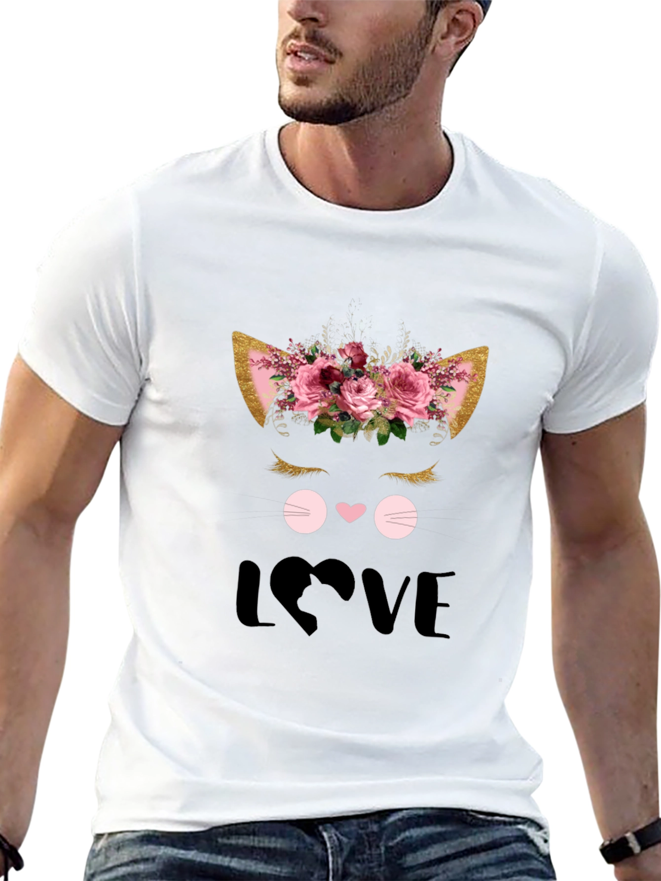 Cute Cat Love Graphic Black T-Shirt
