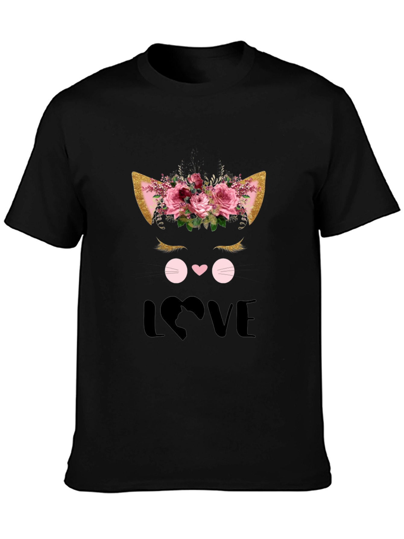 Cute Cat Love Graphic Black T-Shirt