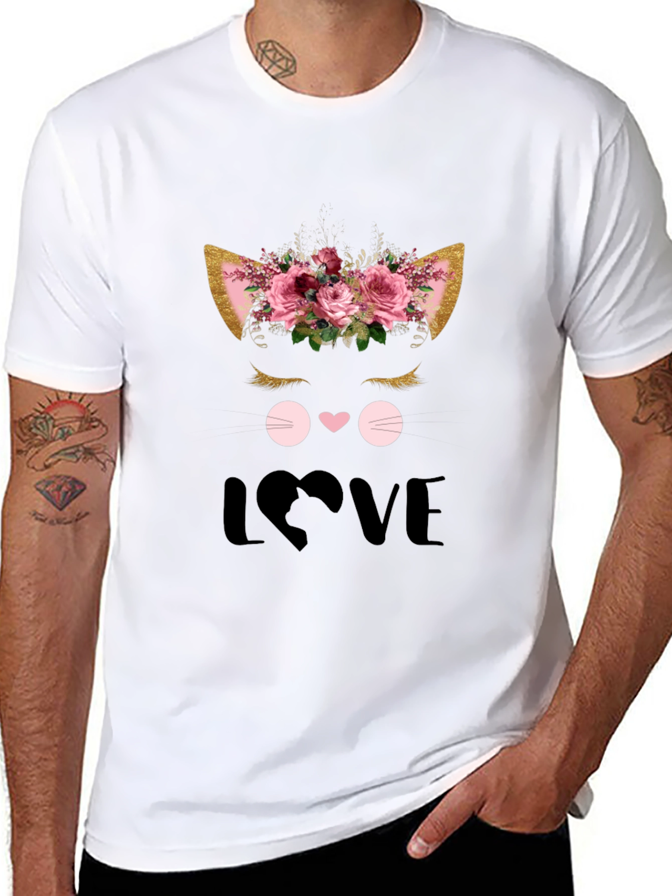 Cute Cat Love Graphic Black T-Shirt