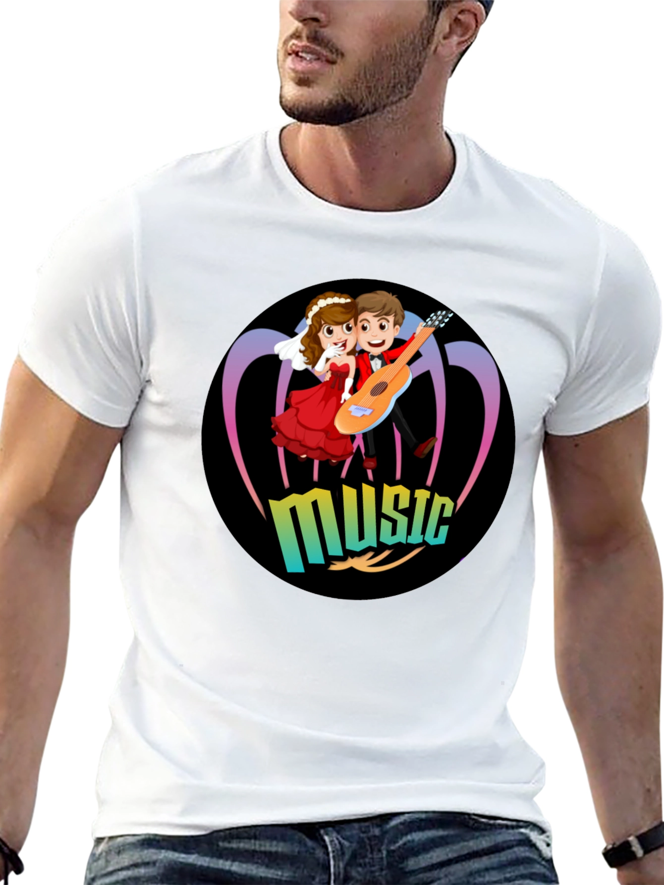 Cartoon Music Couple Black T-Shirt