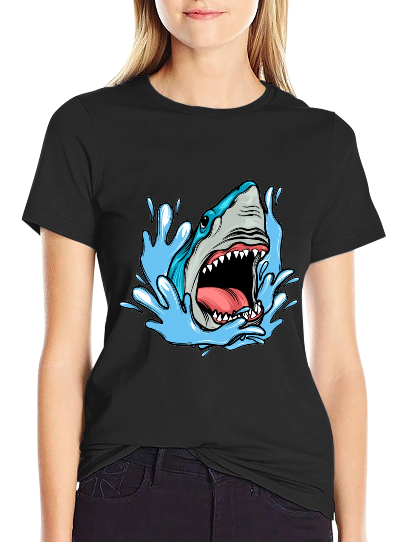 Shark Attack Graphic Tee - Black Cotton T-Shirt