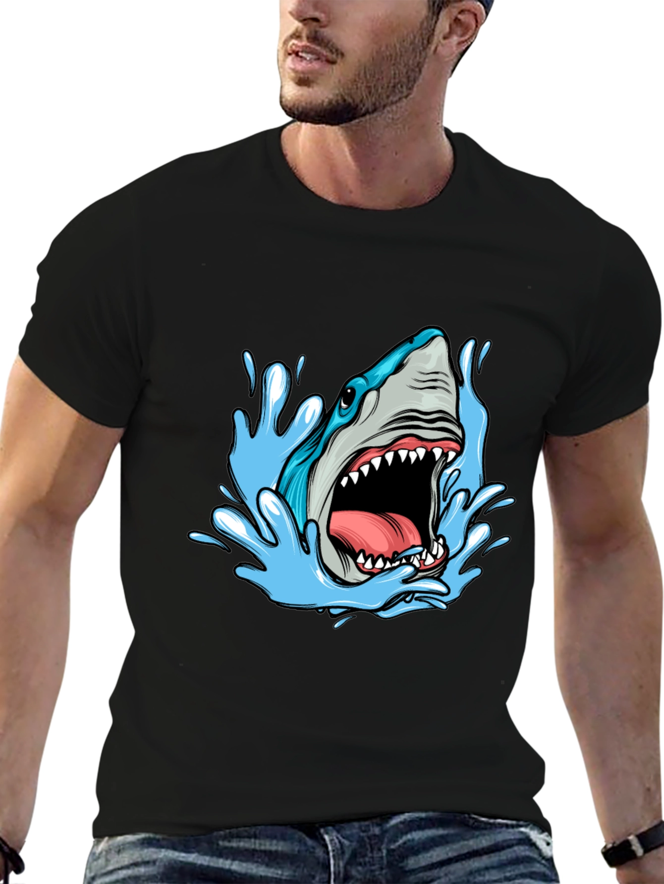 Shark Attack Graphic Tee - Black Cotton T-Shirt