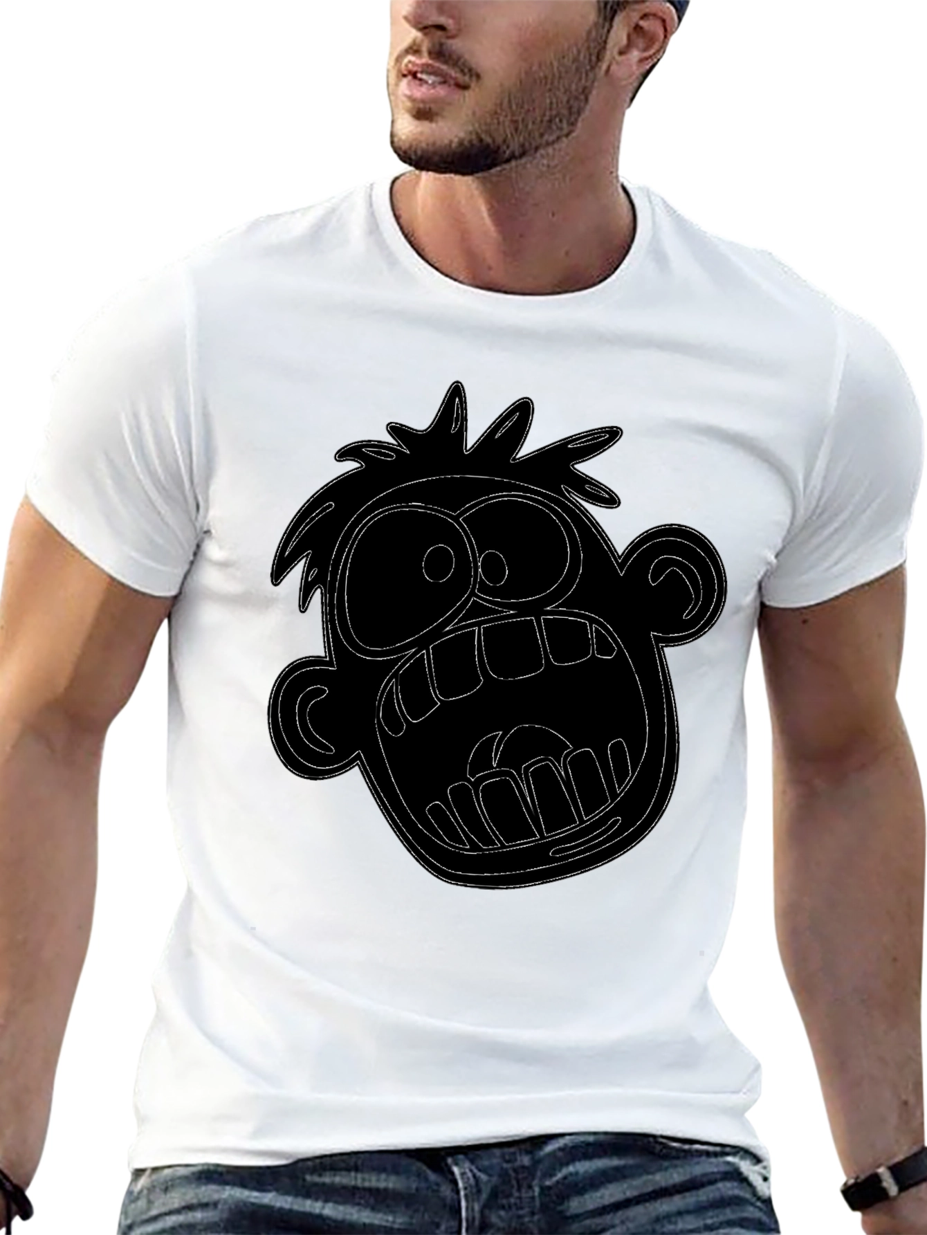 Cartoon Face Graphic Tee - Black Cotton T-Shirt