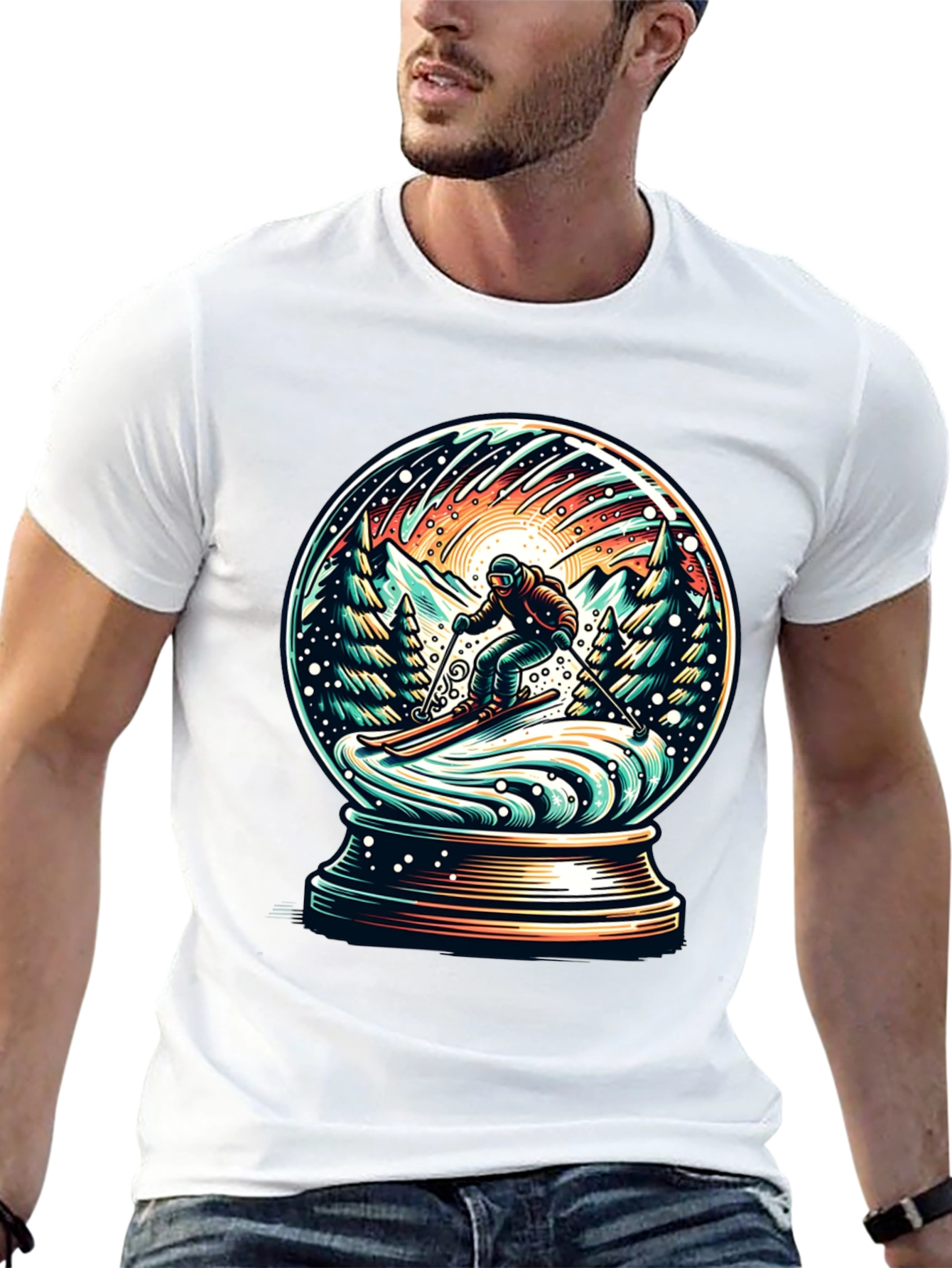 Snow Globe Skiing Graphic Tee - Winter Adventure Shirt