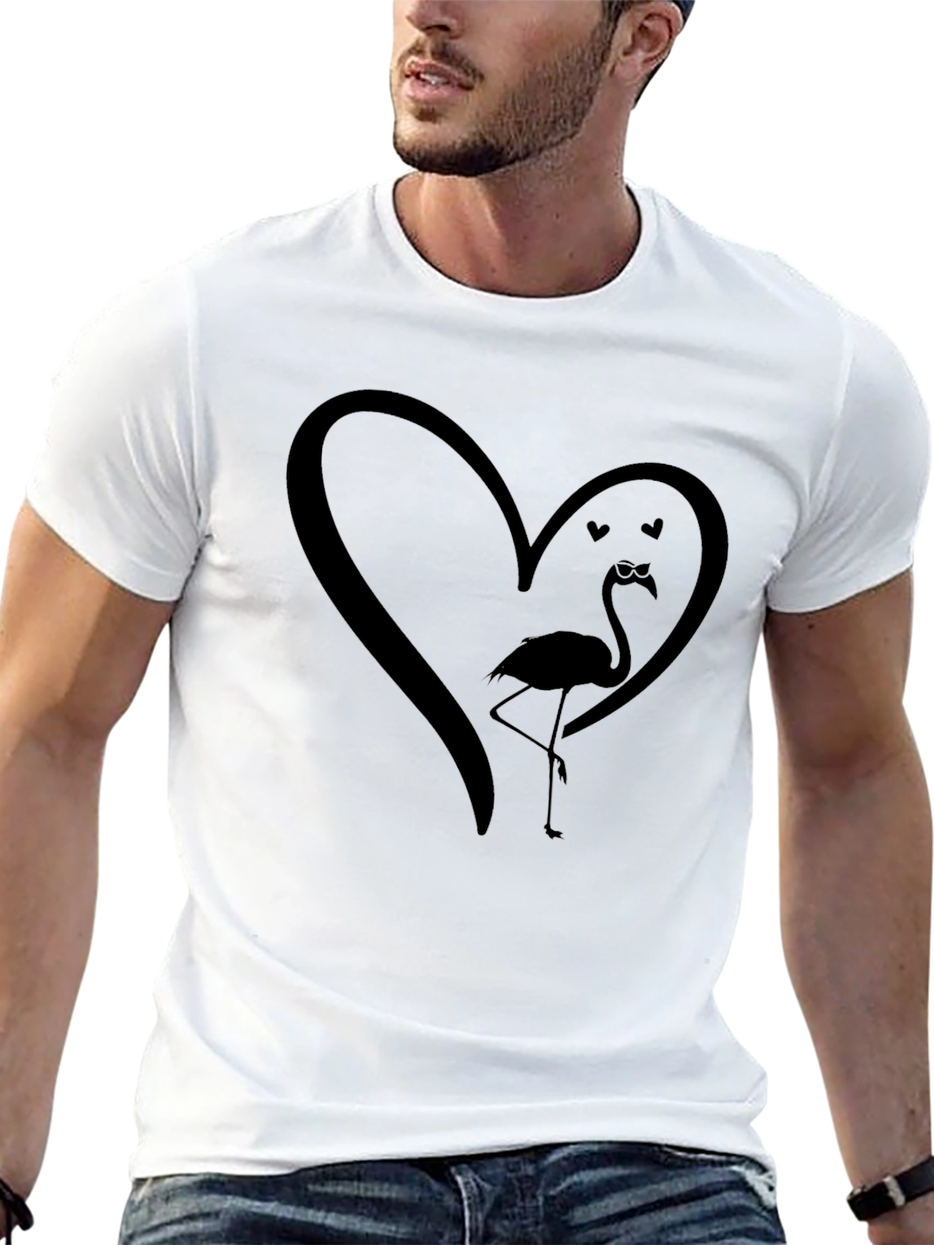 Mens Black Flamingo Heart Graphic Tee