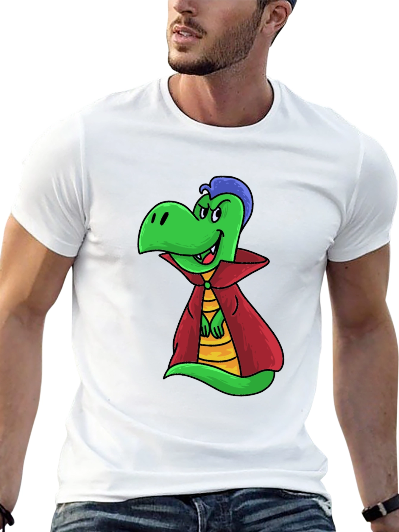 Cartoon Vampire Dinosaur Black T-Shirt