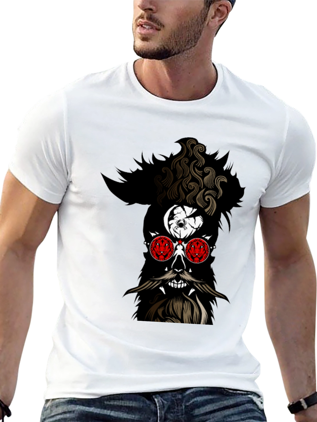 Skull with Beard Graphic Black T-Shirt