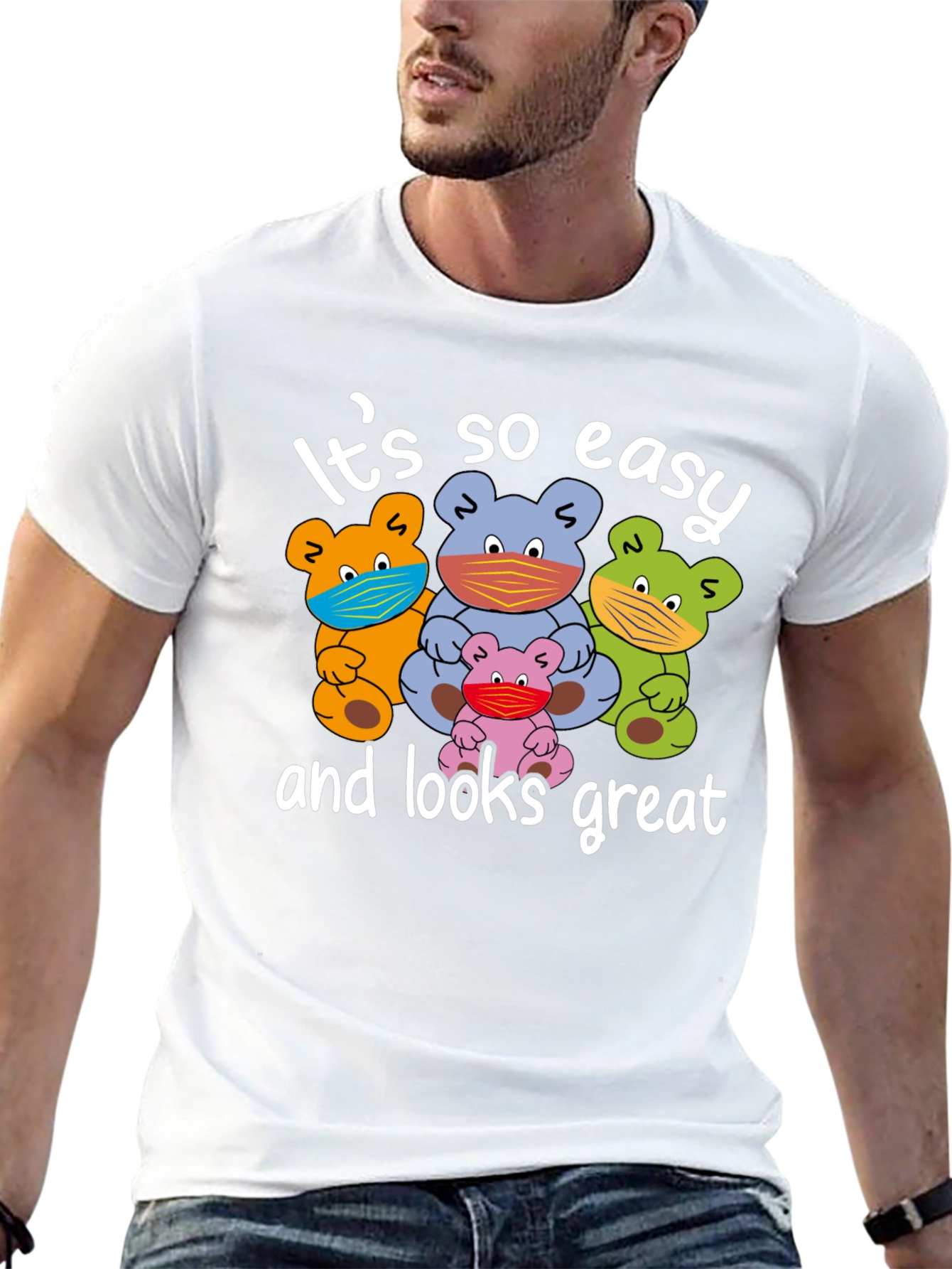 Funny Bear Family Face Mask Graphic Tee - Black