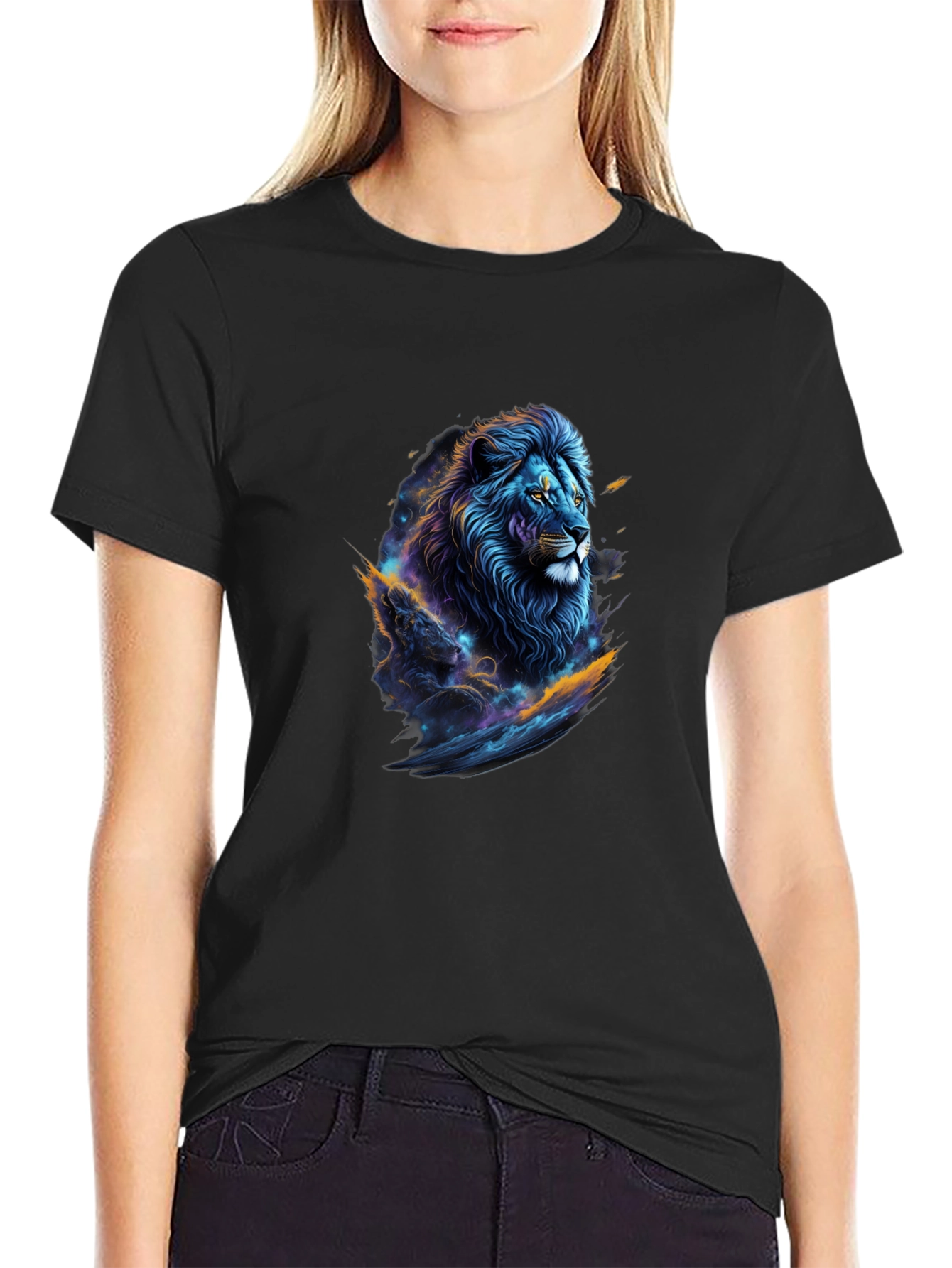 Cosmic Lion Graphic Tee - Black Crew Neck