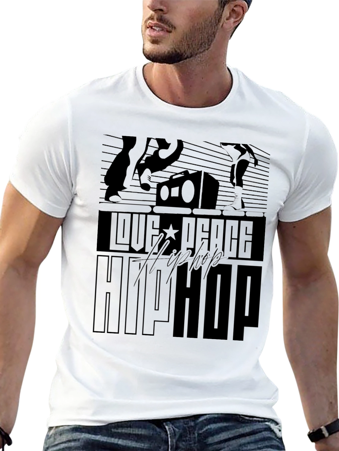 Love Peace Hip Hop Black Graphic T-Shirt
