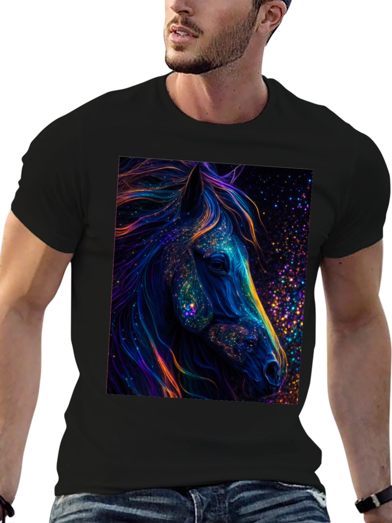 Cosmic Horse Graphic Tee - Black Cotton T-Shirt