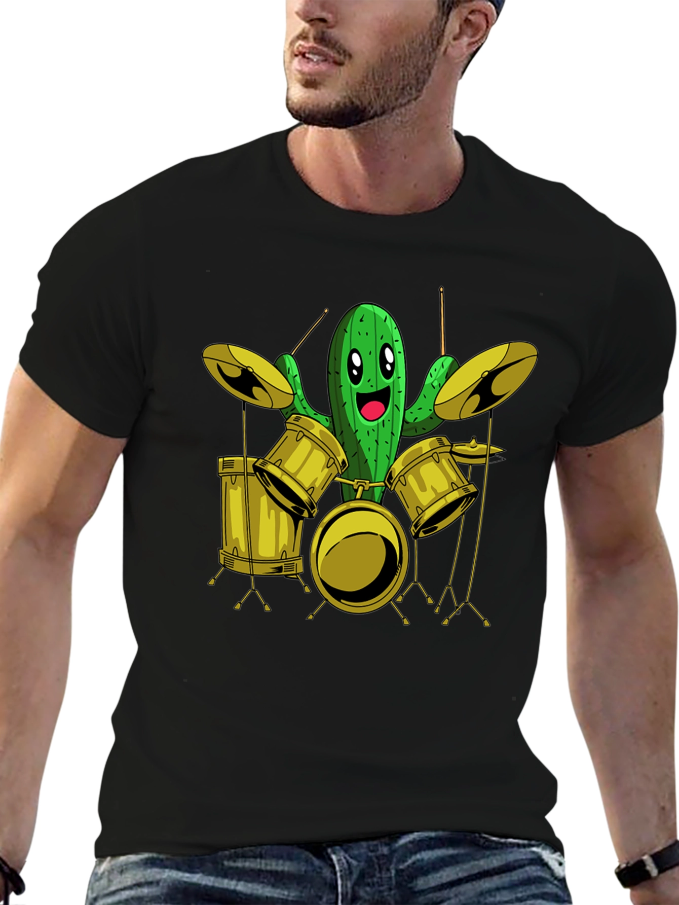 Cactus Drummer Graphic Tee - Black Cotton T-Shirt
