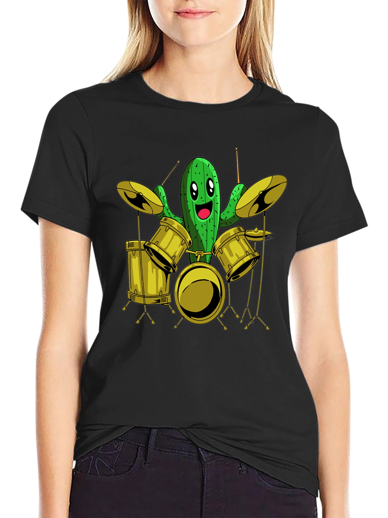 Cactus Drummer Graphic Tee - Black Cotton T-Shirt